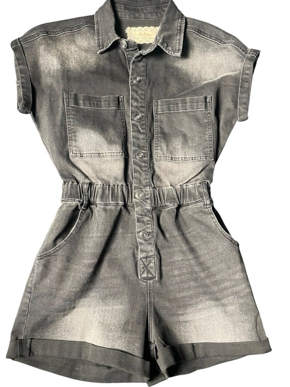 Charcoal Black Denim Utility Romper – Y2K Cargo Shorts Romper, Button-Front